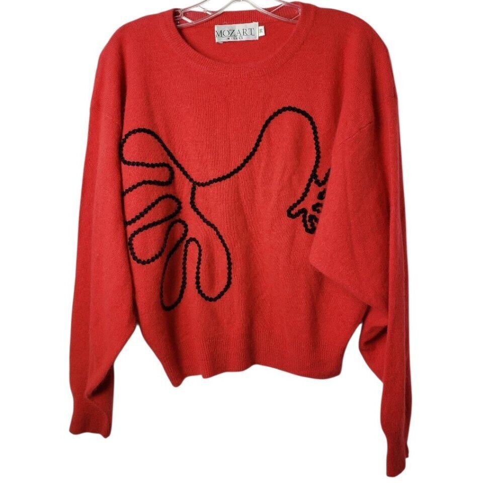 Mozart Milano Vtg Sweater Red  With Black Embroidered Abstract 38